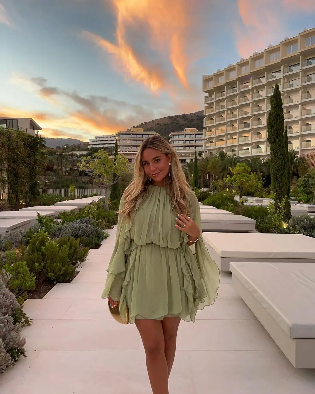 Elegant Green Ruffles Mini Dress For Women Fashion Long Flare Sleeves Round Neck Casual Short Vestidos 2025 Summer Holiday Robes