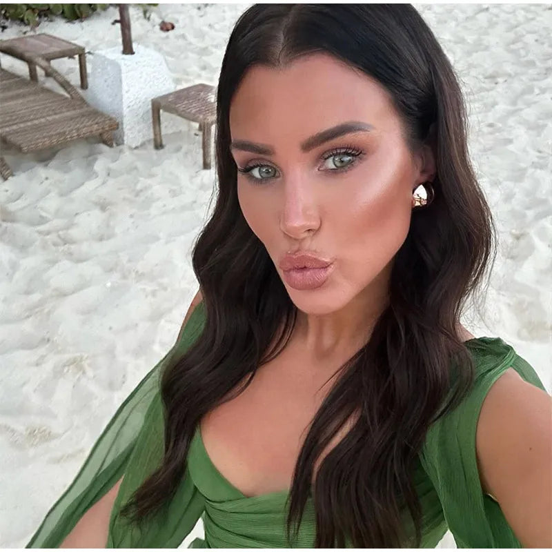 Elegant Green Ruffles Mini Dress For Women Fashion Long Flare Sleeves Round Neck Casual Short Vestidos 2025 Summer Holiday Robes