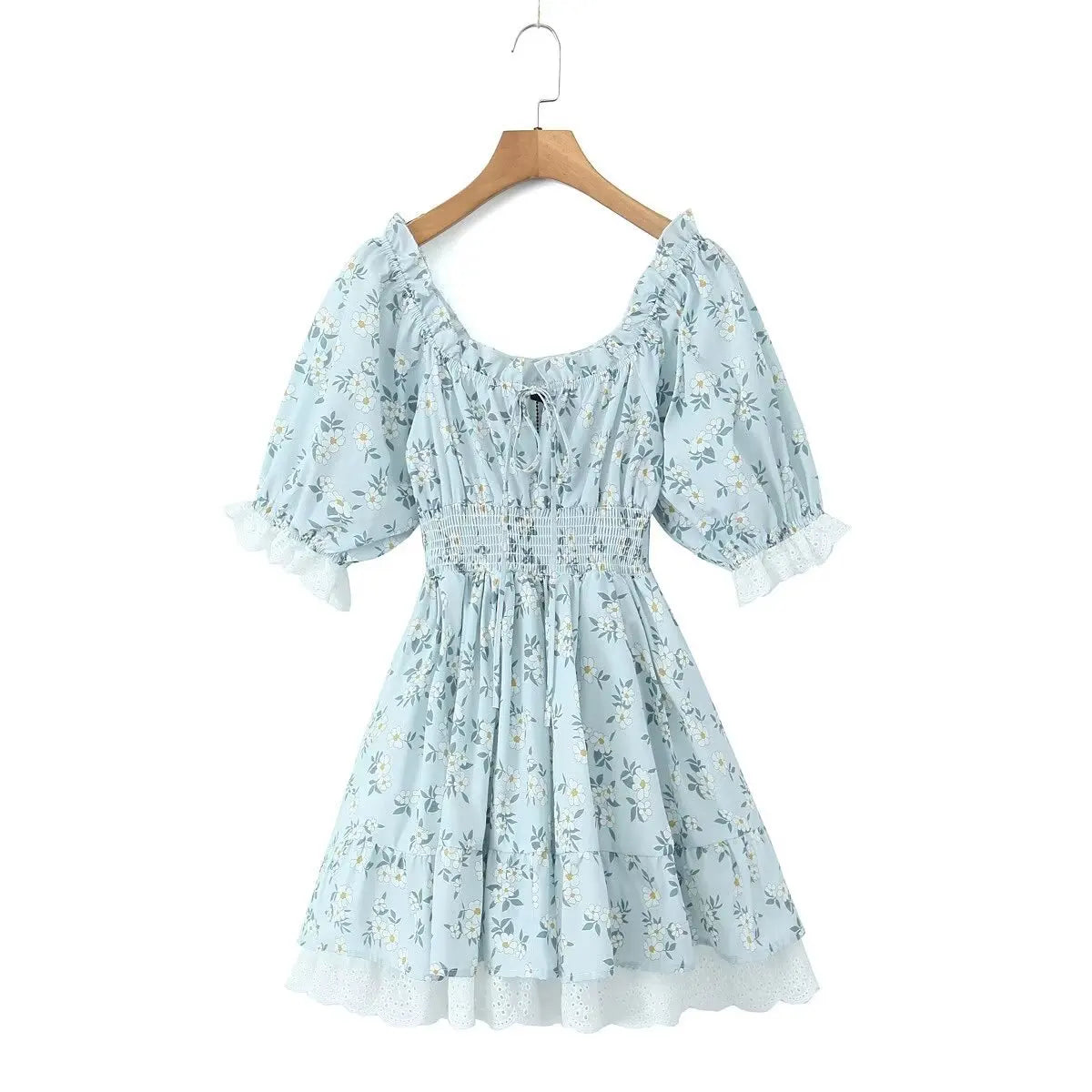 Vintage Puff Sleeve Mini Lace Dress Women Floral Printed Off Shoulder Ruffles Summer Dresses Party Elegant Square Neck Vestidos