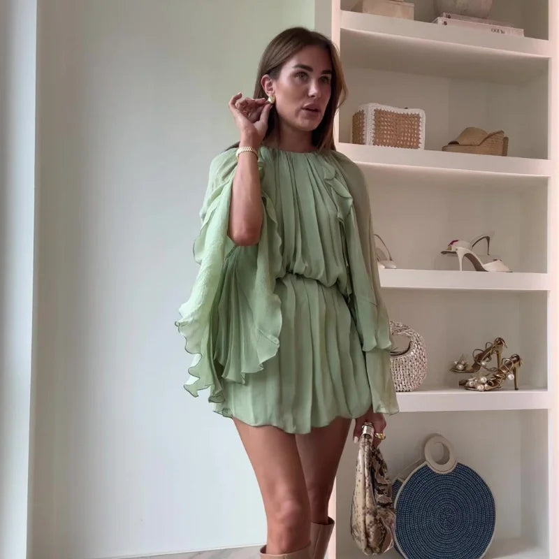 Elegant Green Ruffles Mini Dress For Women Fashion Long Flare Sleeves Round Neck Casual Short Vestidos 2025 Summer Holiday Robes