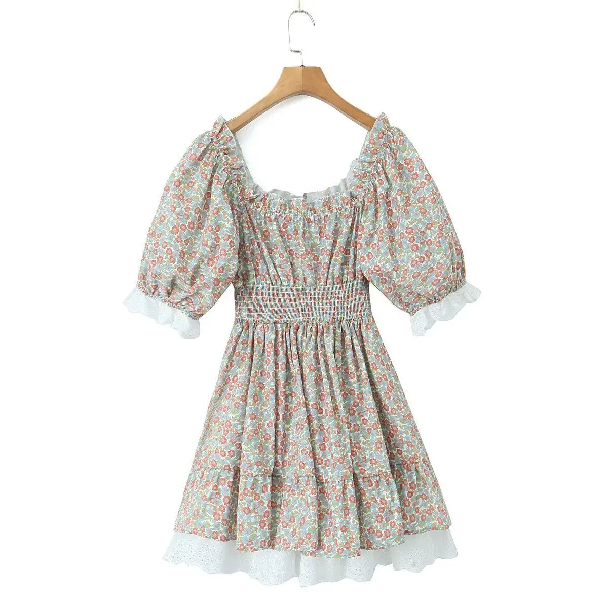 Vintage Puff Sleeve Mini Lace Dress Women Floral Printed Off Shoulder Ruffles Summer Dresses Party Elegant Square Neck Vestidos
