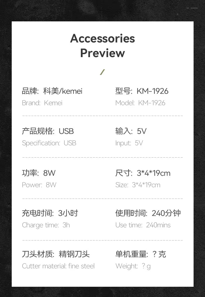 Kemei Transparent Body Electric Hair Clippers Kit KM-1926 KM-1928 Rechargeable Trimmer KM-TX7 Waterproof Men's Shaver Barber