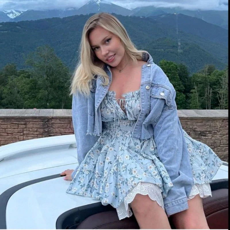 Vintage Puff Sleeve Mini Lace Dress Women Floral Printed Off Shoulder Ruffles Summer Dresses Party Elegant Square Neck Vestidos