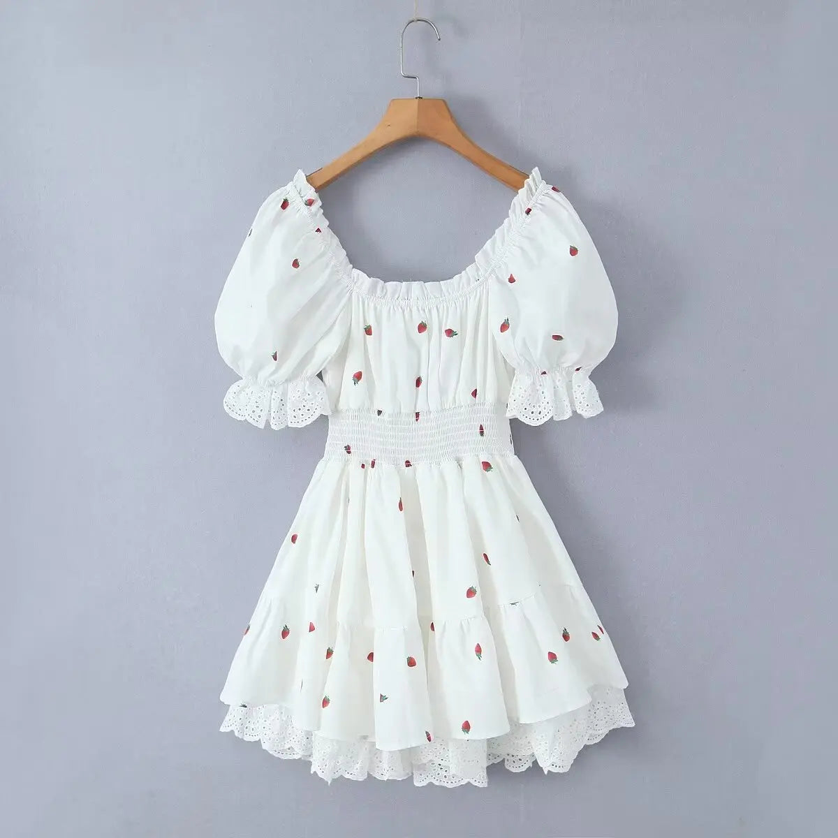 Vintage Puff Sleeve Mini Lace Dress Women Floral Printed Off Shoulder Ruffles Summer Dresses Party Elegant Square Neck Vestidos