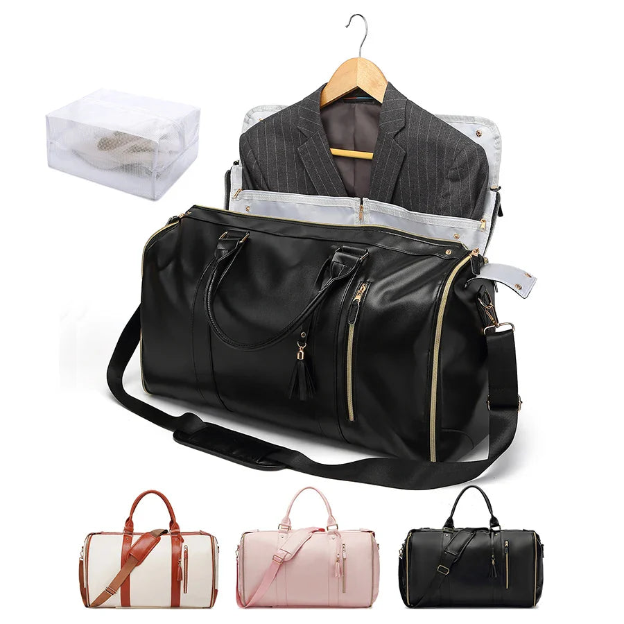 Carry On Garment Bag 55L Large Pu Leather Duffle Bag Waterproof With Shoe Pouch For 2 In 1 Hanging Suitcase Suit Travel Bags