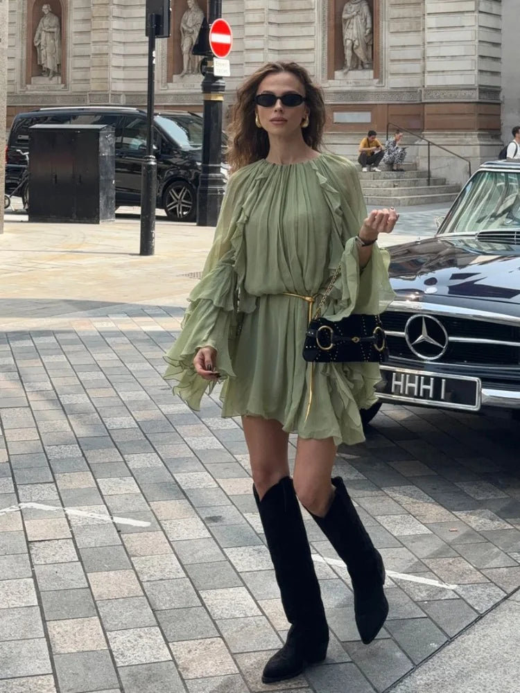 Elegant Green Ruffles Mini Dress For Women Fashion Long Flare Sleeves Round Neck Casual Short Vestidos 2025 Summer Holiday Robes