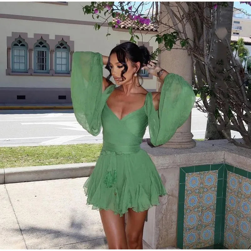Elegant Green Ruffles Mini Dress For Women Fashion Long Flare Sleeves Round Neck Casual Short Vestidos 2025 Summer Holiday Robes