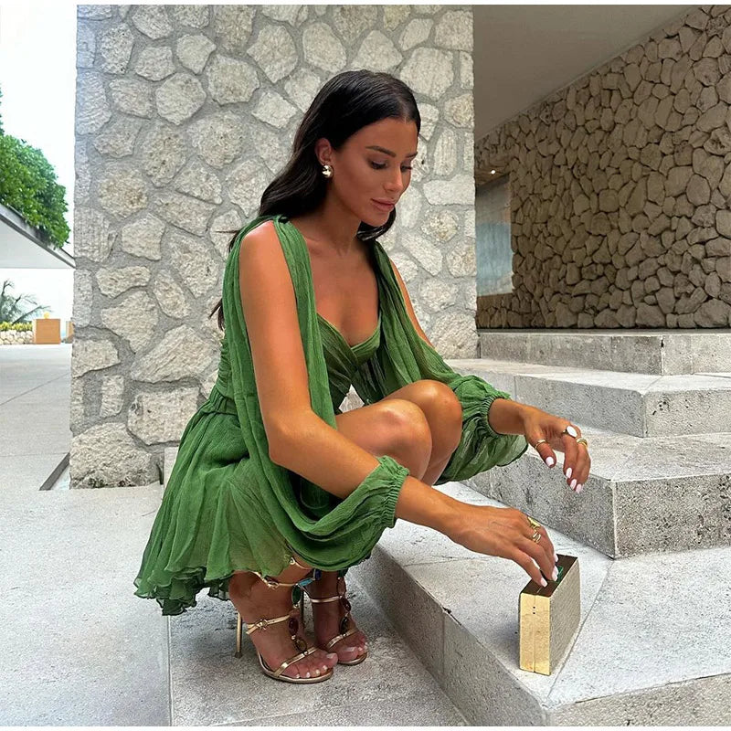 Elegant Green Ruffles Mini Dress For Women Fashion Long Flare Sleeves Round Neck Casual Short Vestidos 2025 Summer Holiday Robes