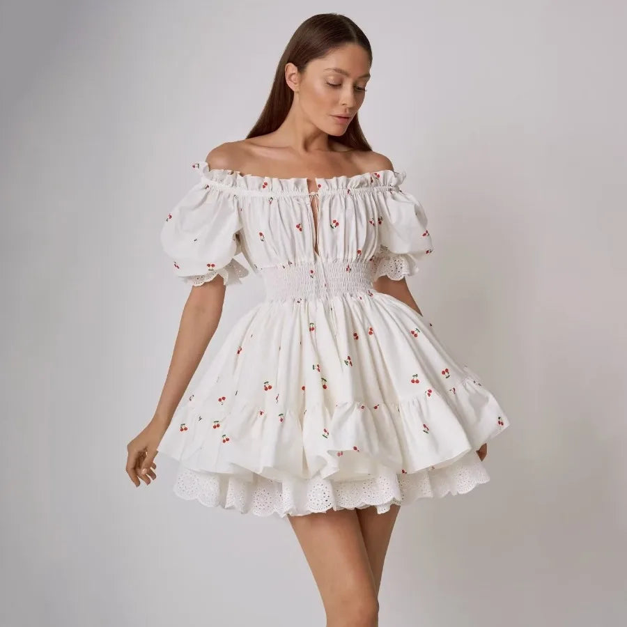 Vintage Puff Sleeve Mini Lace Dress Women Floral Printed Off Shoulder Ruffles Summer Dresses Party Elegant Square Neck Vestidos