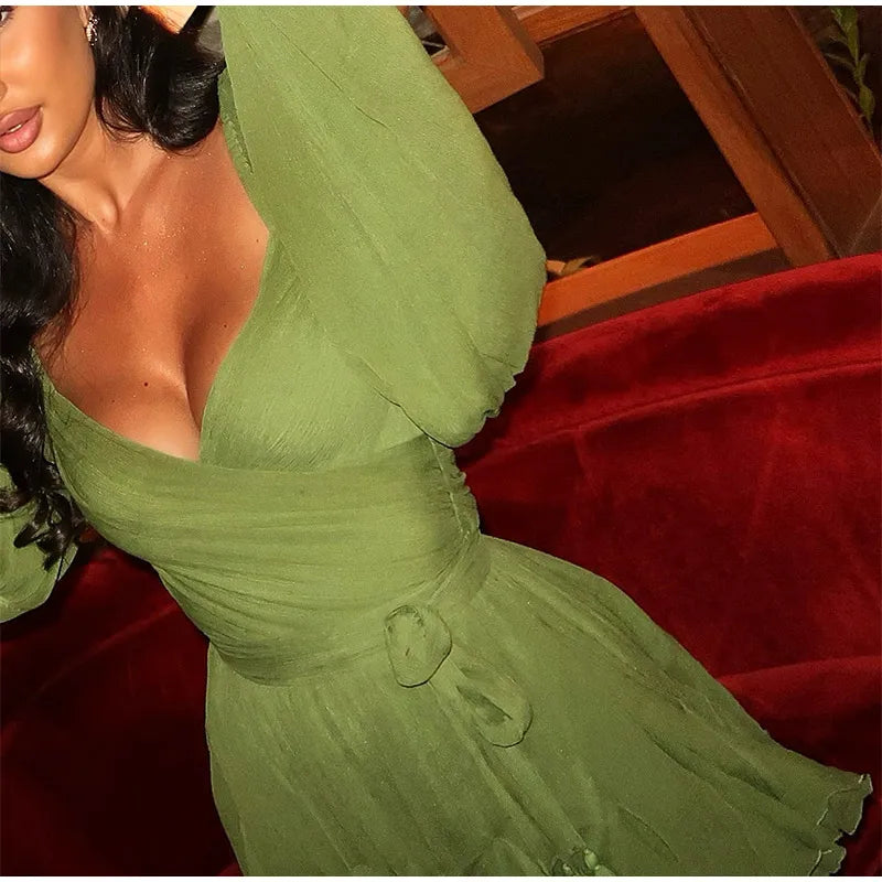 Elegant Green Ruffles Mini Dress For Women Fashion Long Flare Sleeves Round Neck Casual Short Vestidos 2025 Summer Holiday Robes