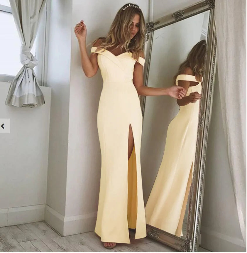 Women Split Bodycon Long Maxi Dress Party Wedding Prom Formal Elegant Solid White Off Shoulder Sleeveless Bandage Cheap Clothes
