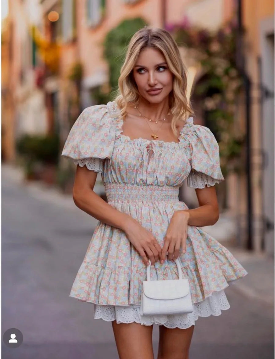 Vintage Puff Sleeve Mini Lace Dress Women Floral Printed Off Shoulder Ruffles Summer Dresses Party Elegant Square Neck Vestidos