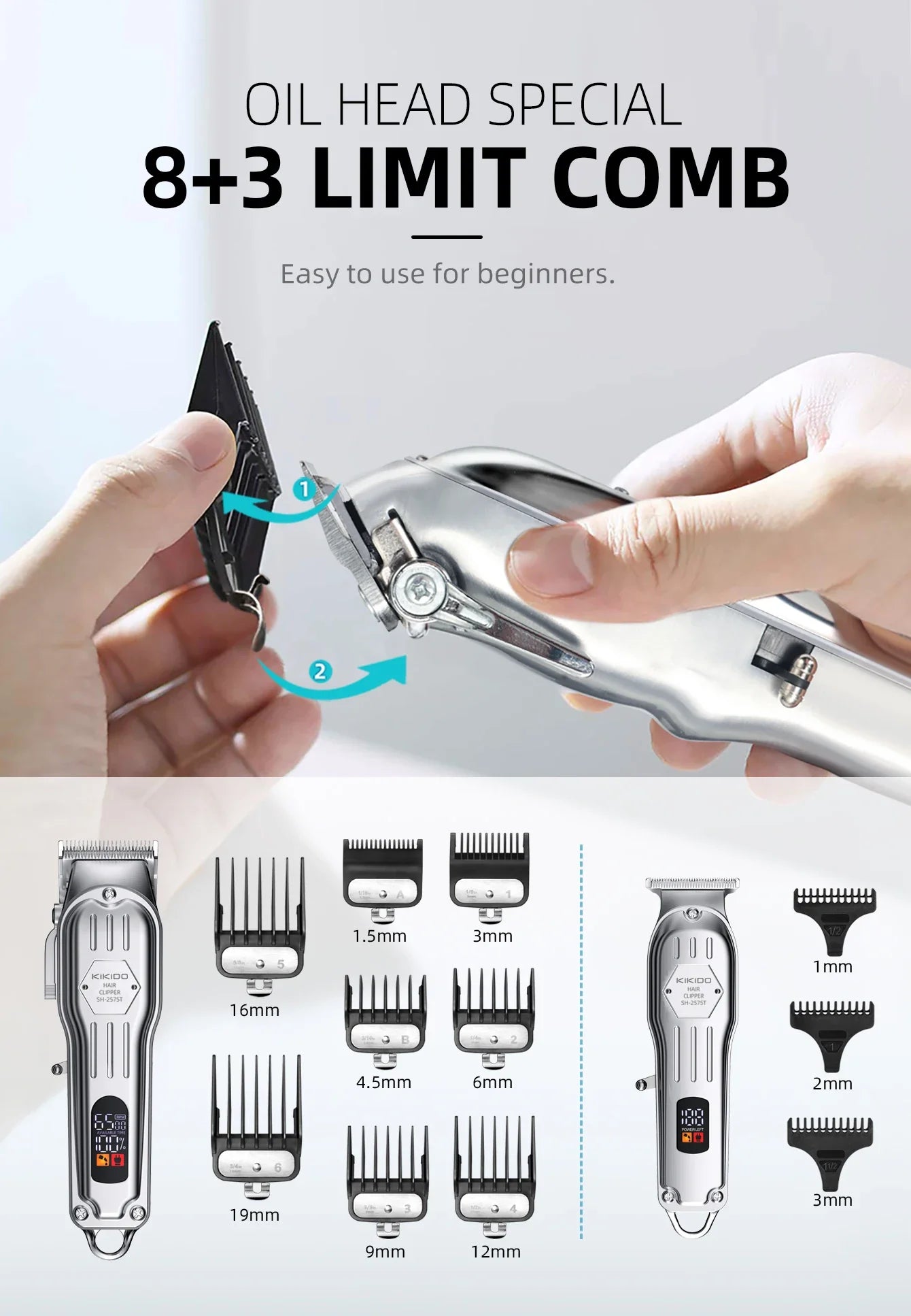 KIKIDO 2in1 Adjustable Cordless Hair Cutting Machine Full Metal Combo Kit Barber Hair Clipper Beard Shaver Kit for Men Gift2575T