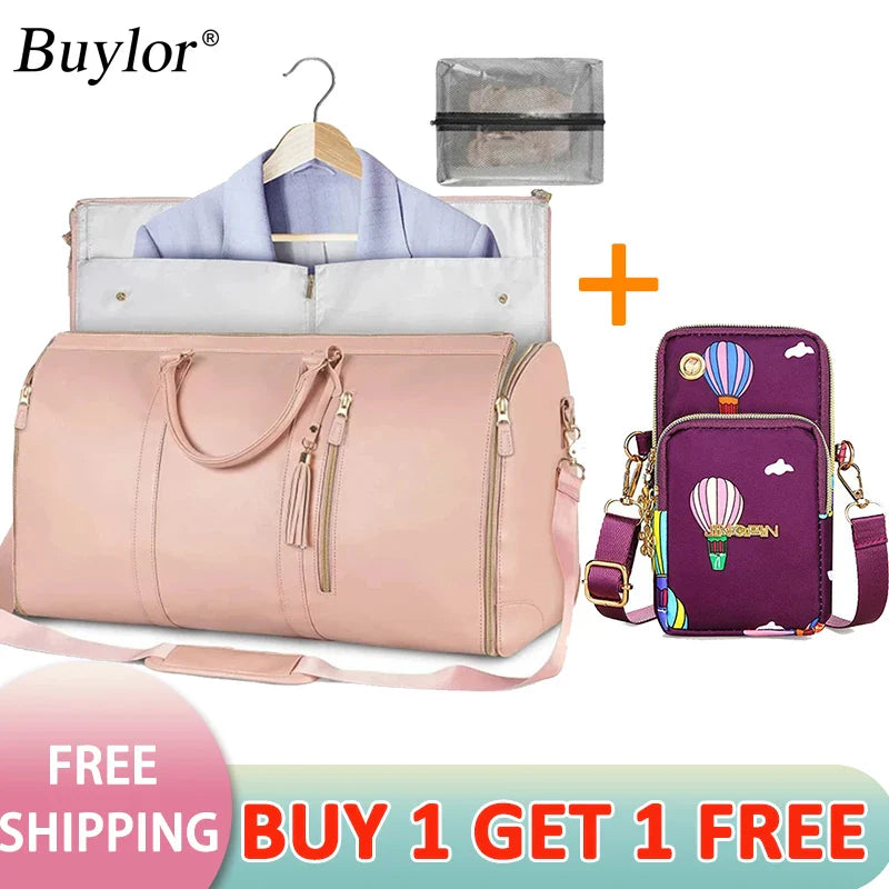 Buylor 2pcs Bags Foldable Suit Bag Large Capacity Travel Duffle Bag Waterproof Women Handbag Outdoor Fitness Bag With Shoe pouch