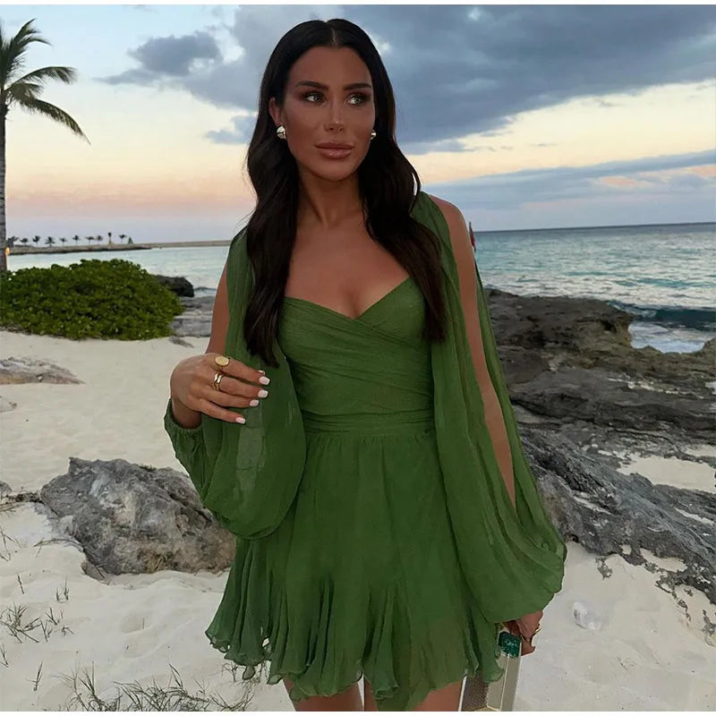 Elegant Green Ruffles Mini Dress For Women Fashion Long Flare Sleeves Round Neck Casual Short Vestidos 2025 Summer Holiday Robes