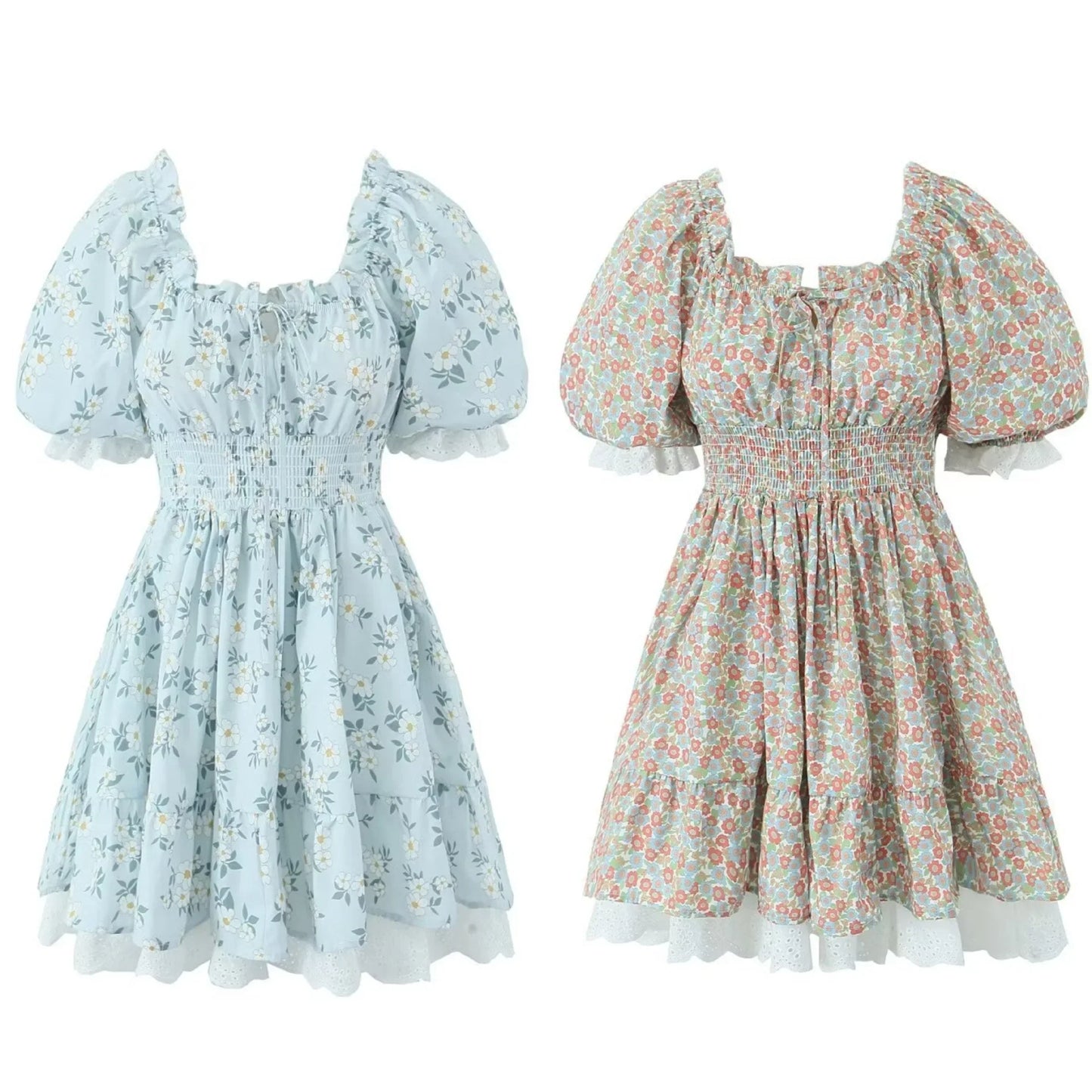 Vintage Puff Sleeve Mini Lace Dress Women Floral Printed Off Shoulder Ruffles Summer Dresses Party Elegant Square Neck Vestidos