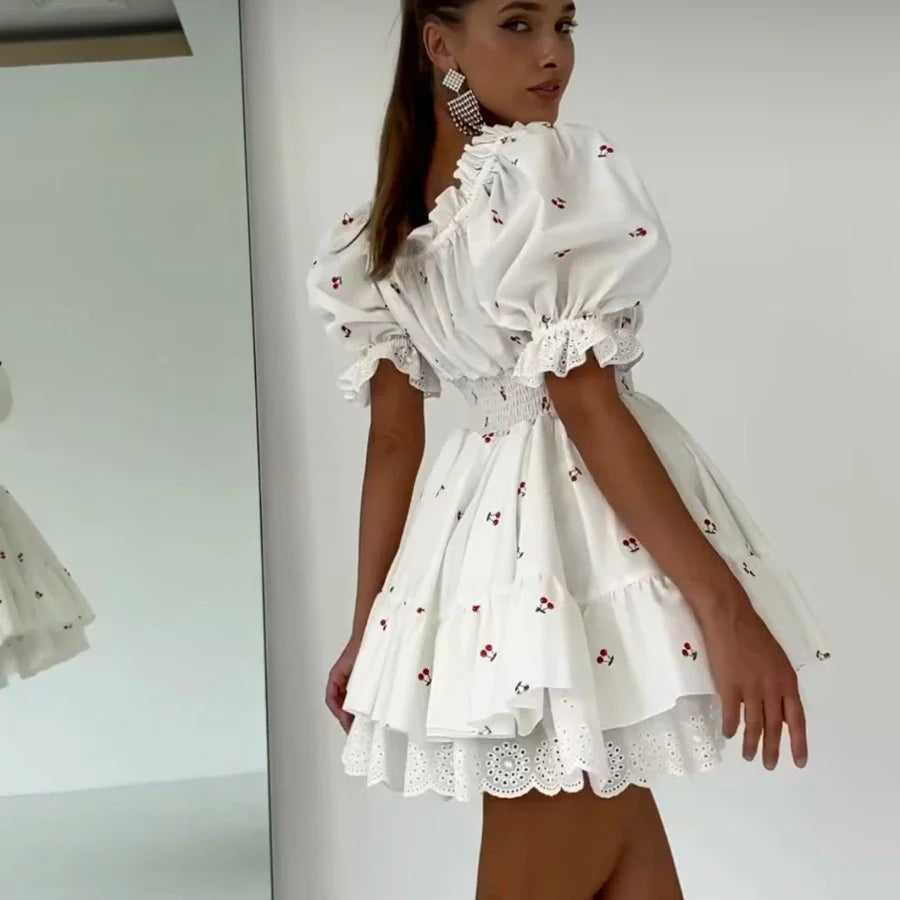 Vintage Puff Sleeve Mini Lace Dress Women Floral Printed Off Shoulder Ruffles Summer Dresses Party Elegant Square Neck Vestidos