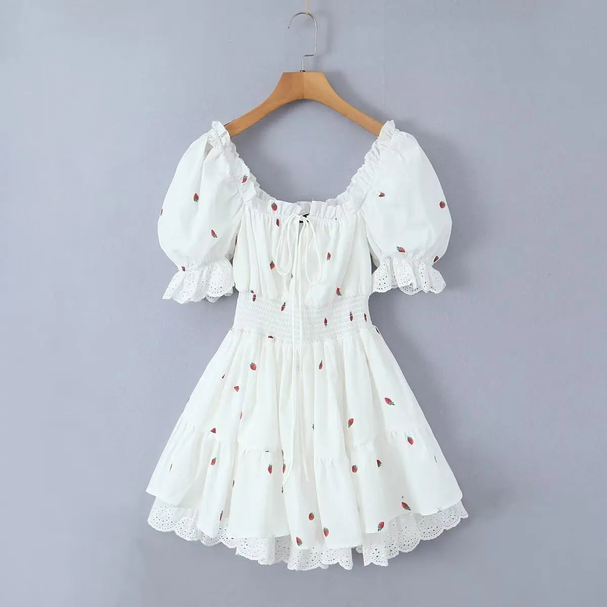 Vintage Puff Sleeve Mini Lace Dress Women Floral Printed Off Shoulder Ruffles Summer Dresses Party Elegant Square Neck Vestidos