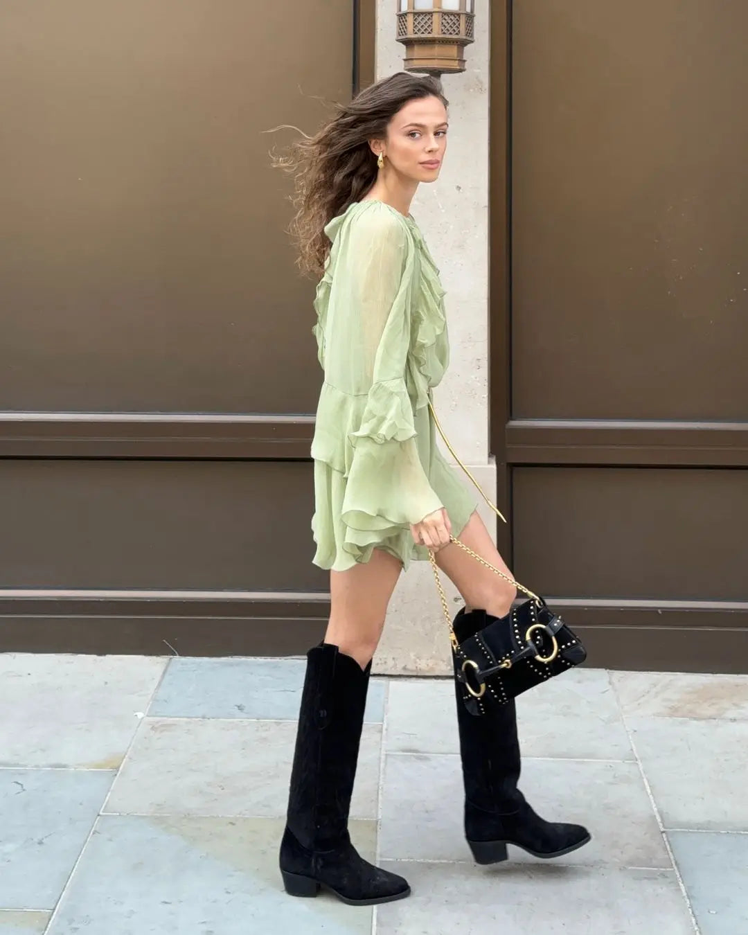 Elegant Green Ruffles Mini Dress For Women Fashion Long Flare Sleeves Round Neck Casual Short Vestidos 2025 Summer Holiday Robes