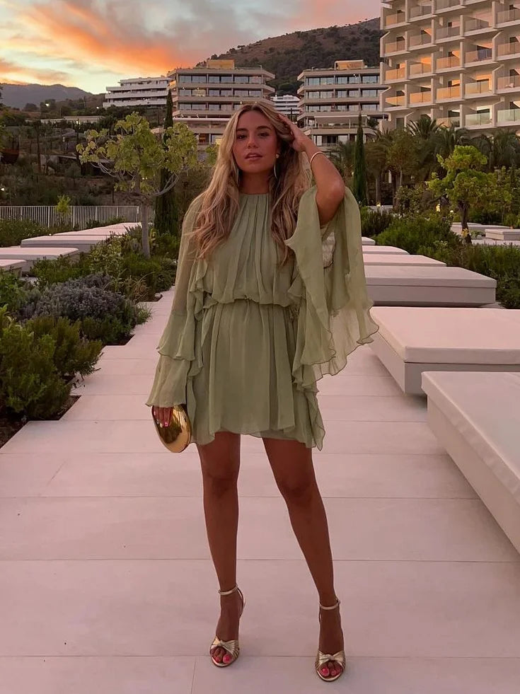 Elegant Green Ruffles Mini Dress For Women Fashion Long Flare Sleeves Round Neck Casual Short Vestidos 2025 Summer Holiday Robes