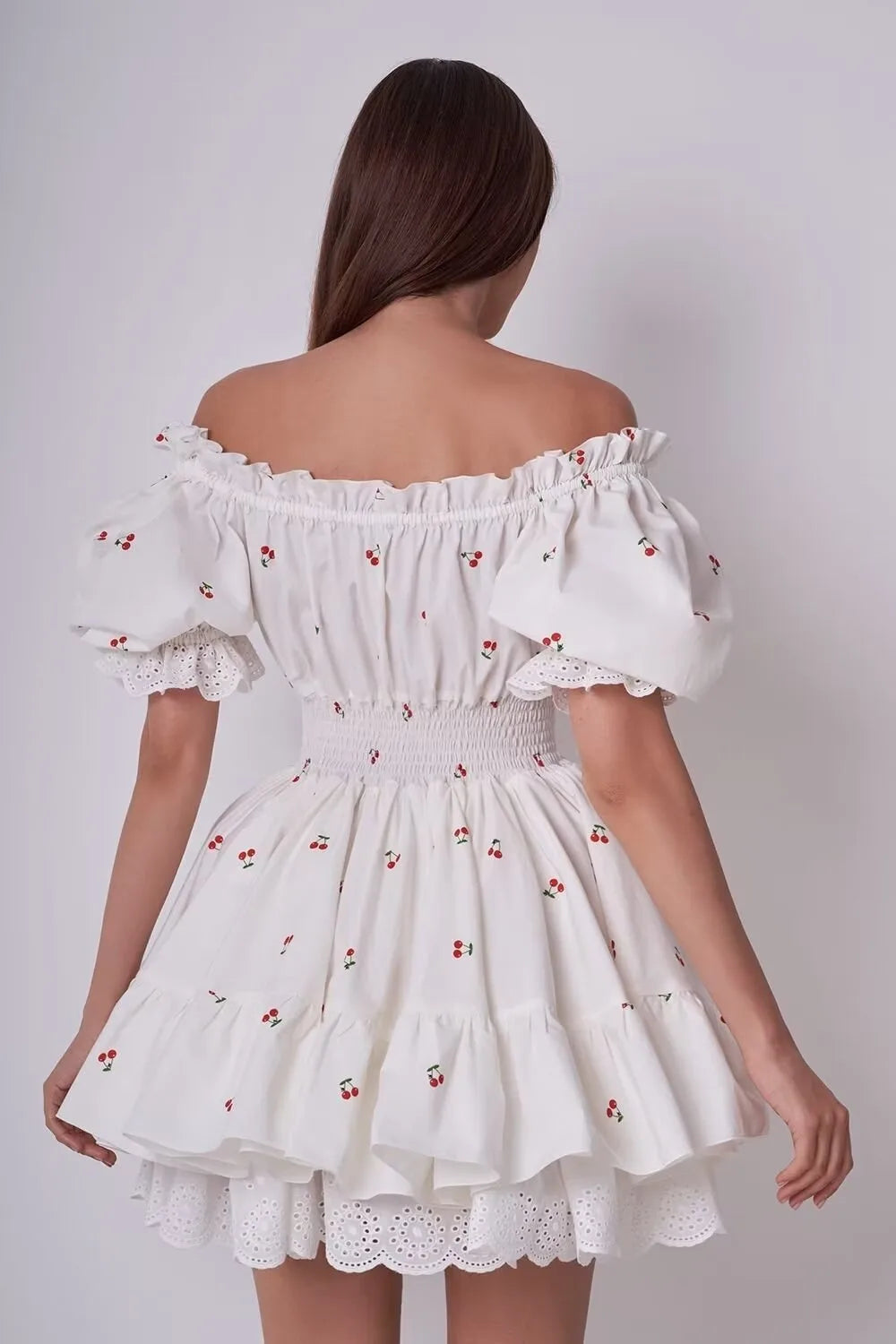 Vintage Puff Sleeve Mini Lace Dress Women Floral Printed Off Shoulder Ruffles Summer Dresses Party Elegant Square Neck Vestidos