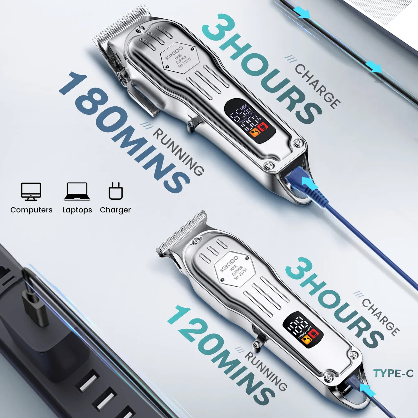 KIKIDO 2in1 Adjustable Cordless Hair Cutting Machine Full Metal Combo Kit Barber Hair Clipper Beard Shaver Kit for Men Gift2575T