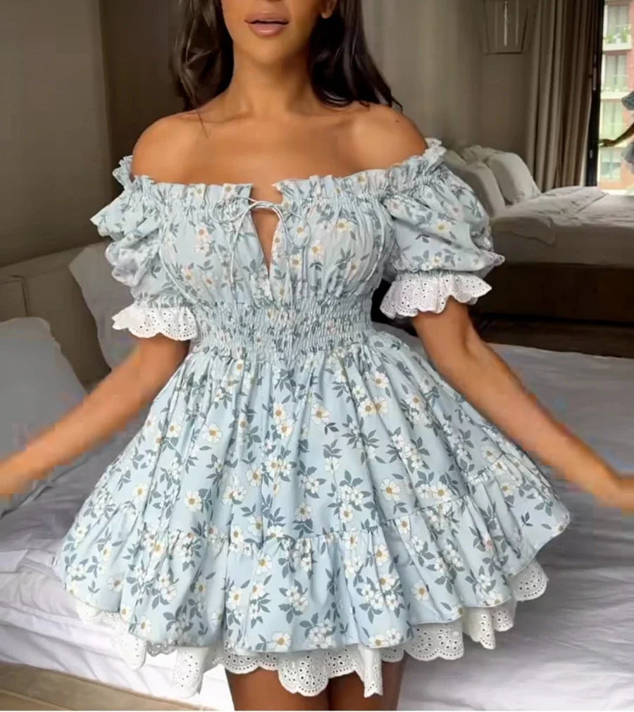 Vintage Puff Sleeve Mini Lace Dress Women Floral Printed Off Shoulder Ruffles Summer Dresses Party Elegant Square Neck Vestidos
