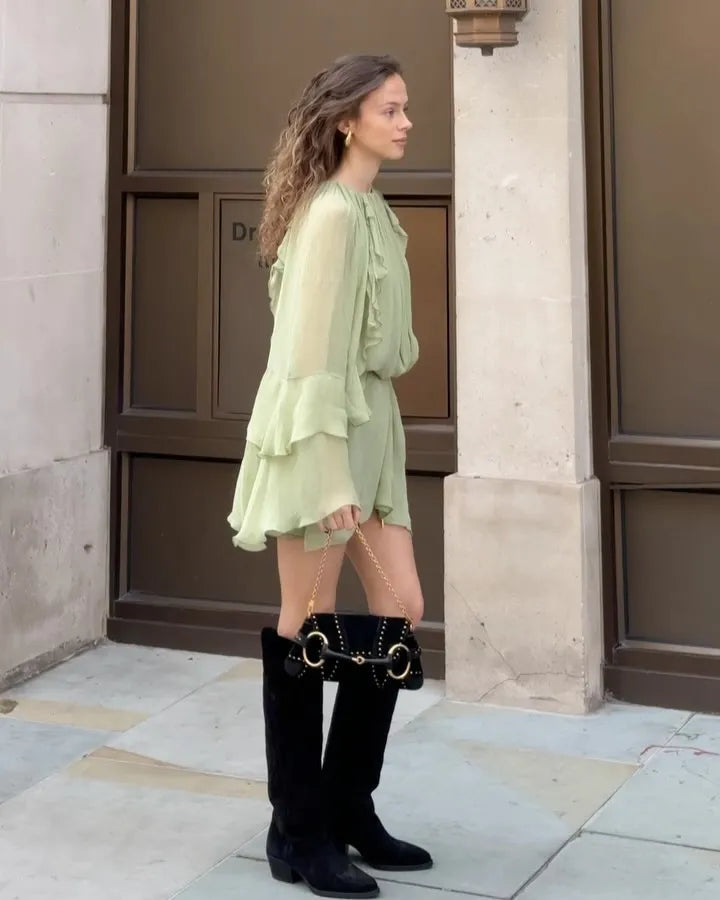 Elegant Green Ruffles Mini Dress For Women Fashion Long Flare Sleeves Round Neck Casual Short Vestidos 2025 Summer Holiday Robes