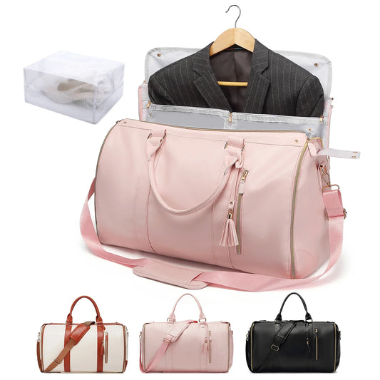 Carry On Garment Bag 55L Large Pu Leather Duffle Bag Waterproof With Shoe Pouch For 2 In 1 Hanging Suitcase Suit Travel Bags