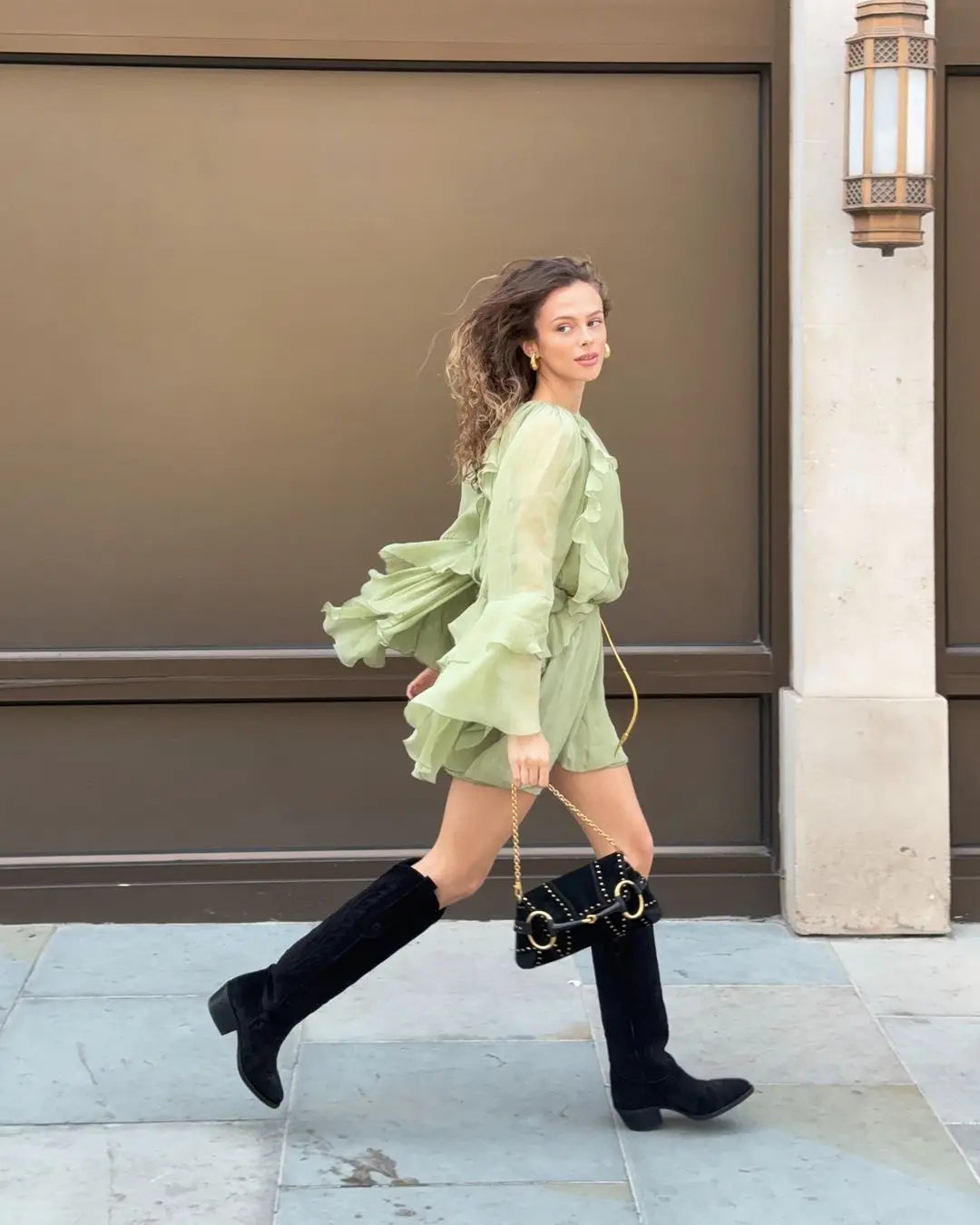 Elegant Green Ruffles Mini Dress For Women Fashion Long Flare Sleeves Round Neck Casual Short Vestidos 2025 Summer Holiday Robes