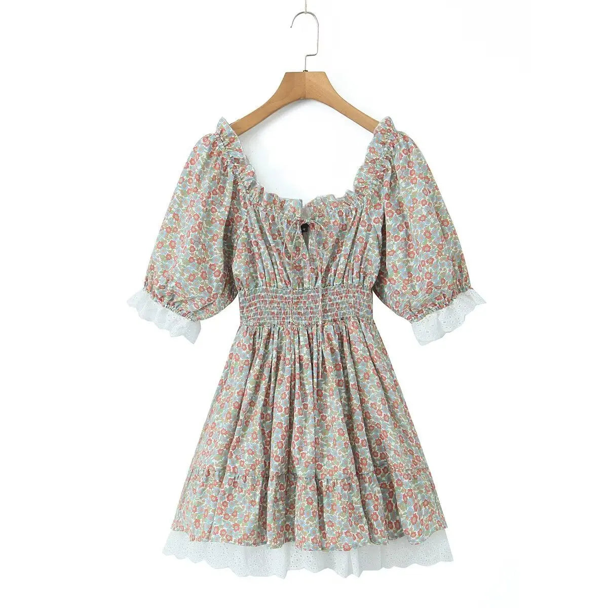 Vintage Puff Sleeve Mini Lace Dress Women Floral Printed Off Shoulder Ruffles Summer Dresses Party Elegant Square Neck Vestidos