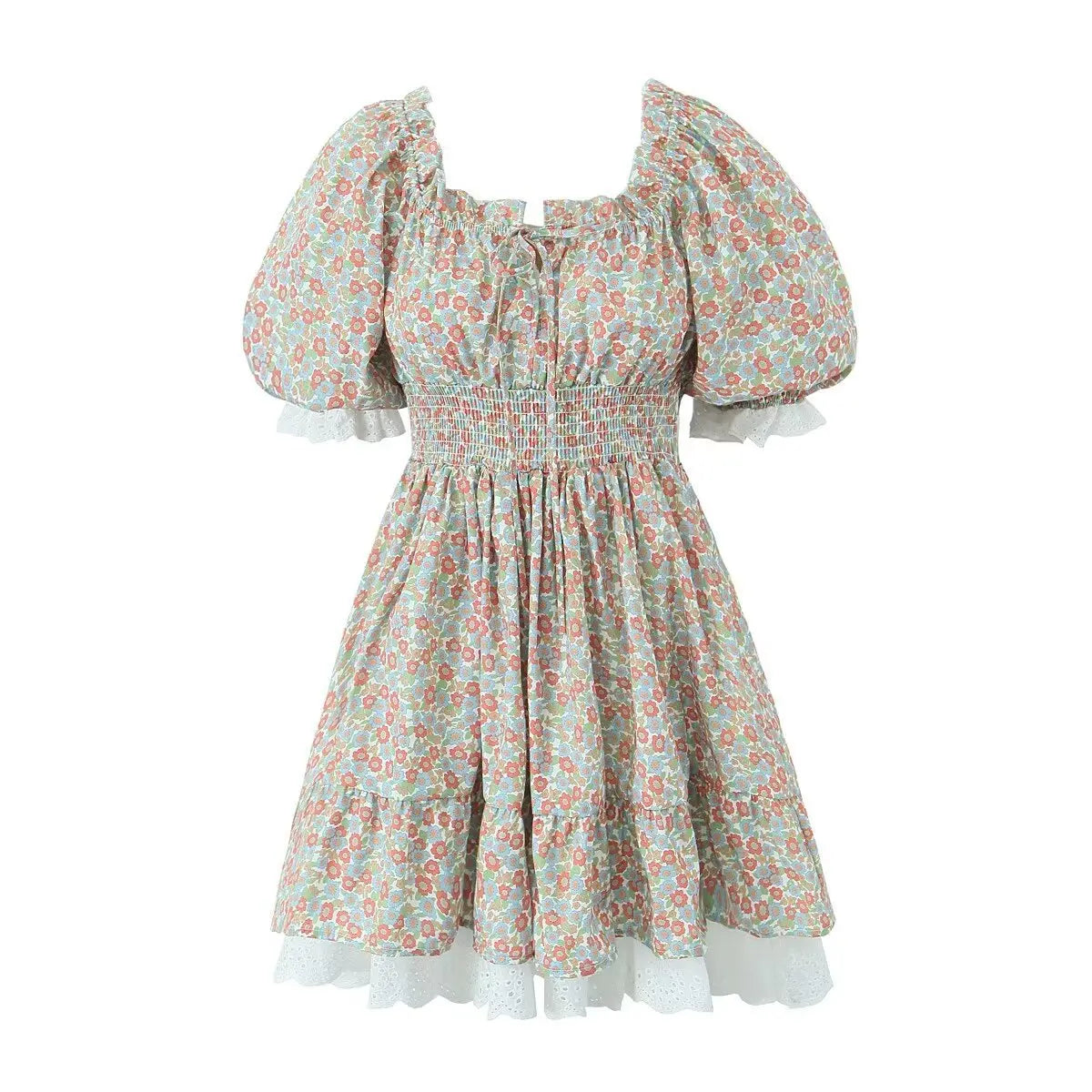 Vintage Puff Sleeve Mini Lace Dress Women Floral Printed Off Shoulder Ruffles Summer Dresses Party Elegant Square Neck Vestidos