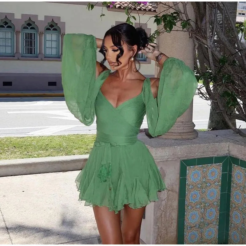 Elegant Green Ruffles Mini Dress For Women Fashion Long Flare Sleeves Round Neck Casual Short Vestidos 2025 Summer Holiday Robes