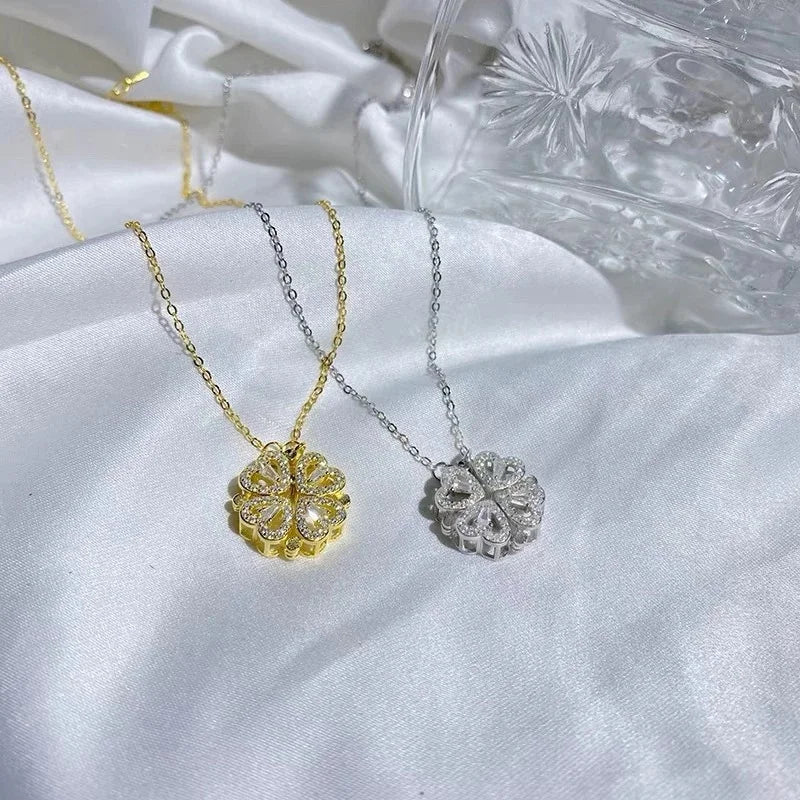 1pc Heart Shaped Four Leaf Clover Pendant Necklace Jewelry Zircon Women Love Clavicle Chain Gifts Openable ChokerJewelry