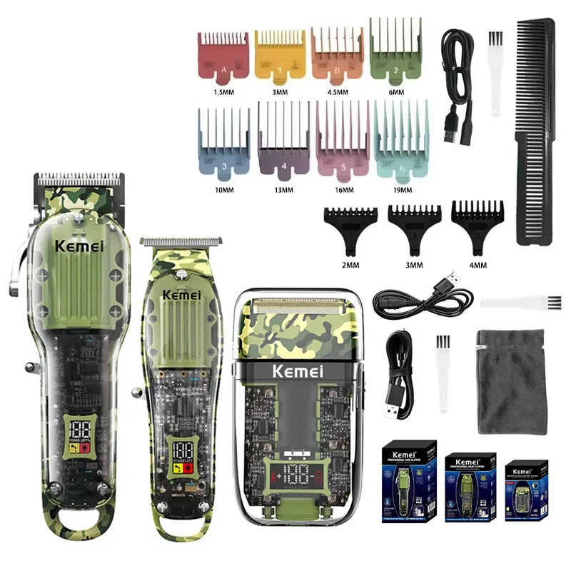 Kemei Transparent Body Electric Hair Clippers Kit KM-1926 KM-1928 Rechargeable Trimmer KM-TX7 Waterproof Men's Shaver Barber