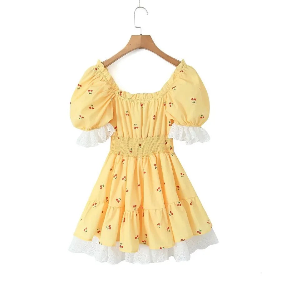 Vintage Puff Sleeve Mini Lace Dress Women Floral Printed Off Shoulder Ruffles Summer Dresses Party Elegant Square Neck Vestidos