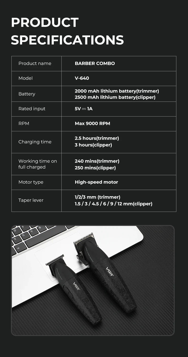 VGR Hair Trimmer Professional Electric Hair Clipper Barber Hair Cutting Machine 9000 RPM Haircut Metal Trimmer for Men V-640