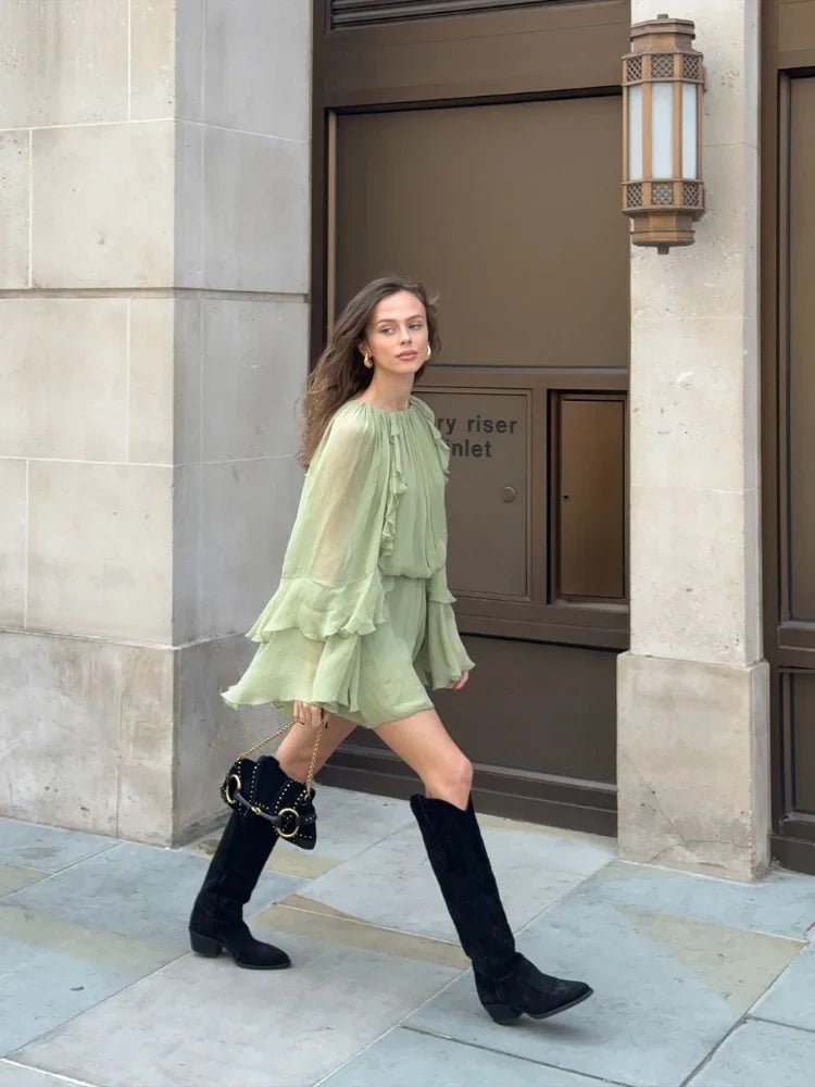 Elegant Green Ruffles Mini Dress For Women Fashion Long Flare Sleeves Round Neck Casual Short Vestidos 2025 Summer Holiday Robes