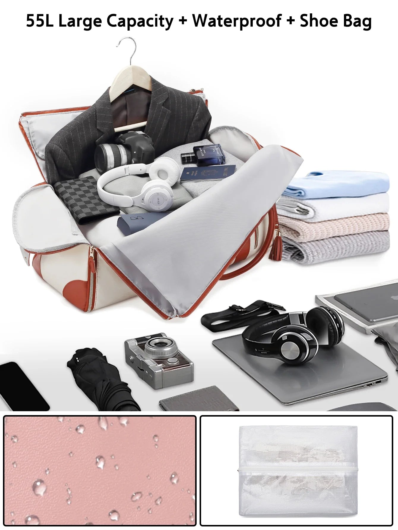 Carry On Garment Bag 55L Large Pu Leather Duffle Bag Waterproof With Shoe Pouch For 2 In 1 Hanging Suitcase Suit Travel Bags