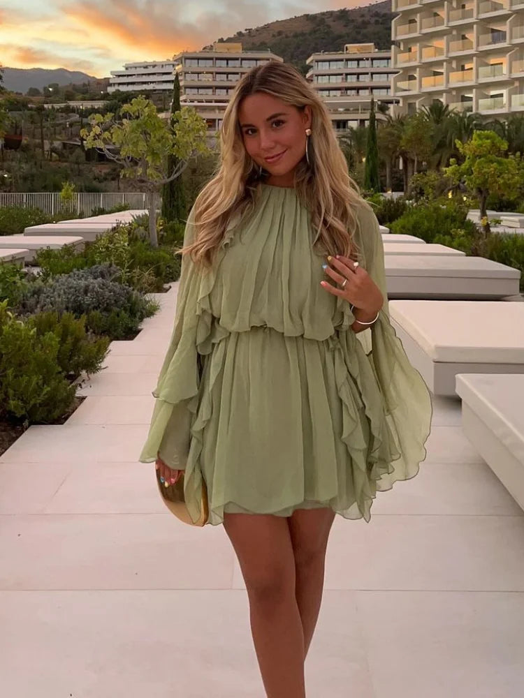 Elegant Green Ruffles Mini Dress For Women Fashion Long Flare Sleeves Round Neck Casual Short Vestidos 2025 Summer Holiday Robes