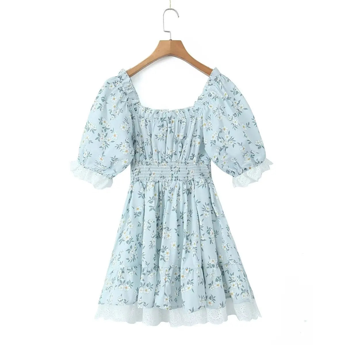 Vintage Puff Sleeve Mini Lace Dress Women Floral Printed Off Shoulder Ruffles Summer Dresses Party Elegant Square Neck Vestidos