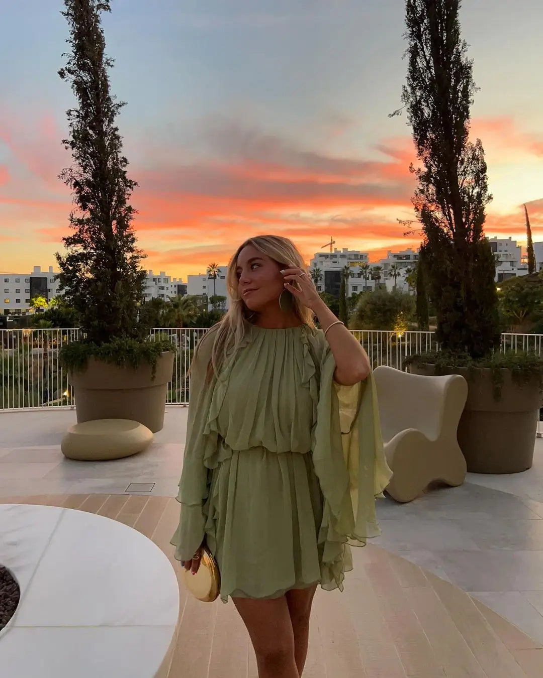 Elegant Green Ruffles Mini Dress For Women Fashion Long Flare Sleeves Round Neck Casual Short Vestidos 2025 Summer Holiday Robes